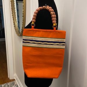 Vintage Purse with Patterned Wooden Beads Handle